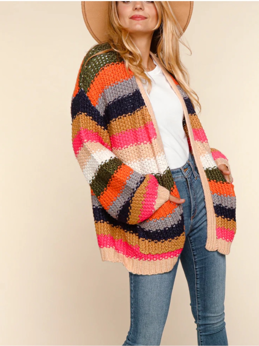 New: Bibi “Life In Multicolor” Chunky Knit Boho Striped Open Front Cardigan• M